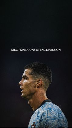 a soccer player with the words discipline, constiency, passion in front of him