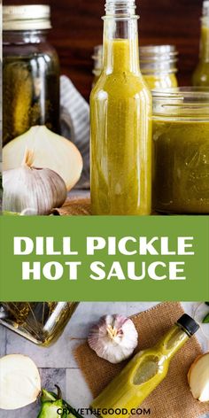 dill pickle hot sauce in jars with garlic and peppers