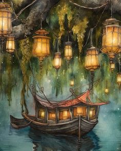 a painting of a boat with lanterns hanging from it's side