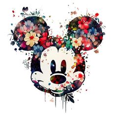 a mickey mouse with flowers painted on it's head and eyes, in watercolor