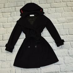 Measurements  (Laying Flat):   long) 97 cm - 38 inches chest) 52 cm - 20,5  inches sleeve) 72 cm - 28 inches * Please let me know if you have any additional questions :) Black Hooded Pea Coat For Cold Weather, Black Hooded Jacket With Detachable Hood For Fall, Black Outerwear With Drawstring Hood For Fall, Black Fall Outerwear With Drawstring Hood, Black Double-lined Hooded Outerwear For Fall, Black Outerwear With Double-lined Hood For Fall, Black Fall Outerwear With Double-lined Hood, Black Hooded Outerwear For Work, Trendy Black Jacket With Detachable Hood