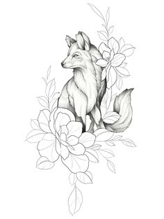 a drawing of a fox sitting on top of a branch with leaves and flowers around it