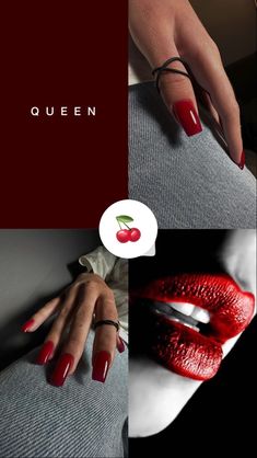 a woman's hand with red nail polish on it and an apple in the background