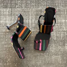 By Far Striped Sandal Mule Heels Black / Multicolor (Pink, Orange, Green, Blue, Red) Size 41 Mia Sandals, Black Patent Pumps, Mule Heels, Green Sandals, Leather Sandals Handmade, Heeled Mules Sandals, Strappy Stilettos, Square Toe Heels, White Heels