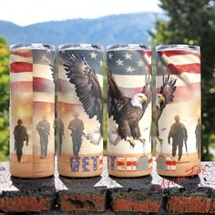 Stay Hydrated and proud to be a Veteran with our premium 20oz stainless steel tumbler, adorned with an original veteran-created sublimation art that pays homage to the brave men and women who have served our country. Each tumbler features a seamless sublimation design, showcasing a majestic Bald Eagle soaring against a patriotic backdrop of the US flag. Flanking the eagle are two silhouette soldiers on each side traversing a desert terrain, symbolizing the courage and sacrifice of our military p Patriotic Art, Dog Tags Military, Veteran Owned Business, Gifts For Veterans, Patriotic Gifts, Veterans Day, Heartfelt Gifts, Trending Gifts, Stainless Steel Tumbler