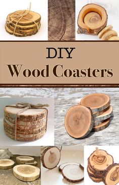 wood coasters made out of tree slices are shown with the words diy wood coasters