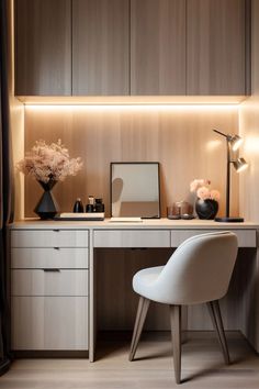 a white chair sitting in front of a desk