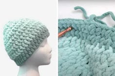 two photos one with a crochet hat and the other with yarn