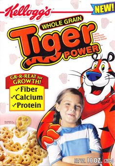 a girl standing in front of a bag of tiger power cereal