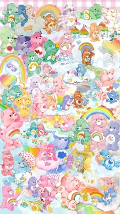 a large group of teddy bears and rainbows on a checkered tablecloth background