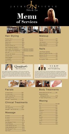 a menu for a hair salon with images of women's hair and makeup products