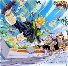 the anime character is flying through the air with his arms in the air and two other characters behind him