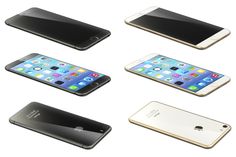 six different types of cell phones are arranged in a circle on a white background, including one with an iphone and the other without