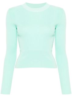 turquoise blue-green cotton knitted construction ribbed knit high neck long sleeves embroidered logo to the front ribbed hem Fitted Blue Tops With Ribbed Cuffs, Spring Chic Turtleneck With Ribbed Cuffs, Spring Fitted Sweater With Ribbed Collar, Chic Spring Turtleneck With Ribbed Cuffs, Spring High Neck Sweater With Ribbed Neckline, Green Stretch Sweater In Fine Knit, Green Stretch Fine Knit Sweater, Green Fine Knit Stretch Sweater, Green Long Sleeve Sweater With Ribbed Neckline