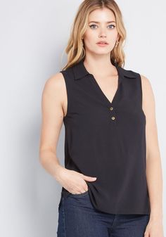 As you map out an ensemble designed to put forth your very best, you can’t help but reach for this black blouse from our ModCloth namesake label. A collared V-neck, a pair of functional gold buttons, and subtly-vented side seams lend all kinds of refinement to this woven top, which easily fits into your impactful outfitting strategy. Rayon. Hand wash. Semi-sheer. Front button closure. Imported Model is wearing size: S 1X Fabric does not provide stretch. S=26 inches Length 1X=29 inches Length | M Vintage Style Swimwear, Form Fitting Clothes, Casual Dresses Plus Size, Midi Dress Plus Size, Tunic Hoodie, Plus Size Outerwear, Casual Rompers, Midi Dress Casual, Plus Size Sweaters