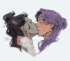 two women kissing each other with purple hair