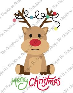 a reindeer with christmas lights on it's antlers and the words merry christmas