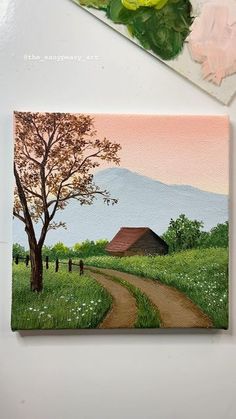 a painting of a country road leading to a barn with people walking down the path