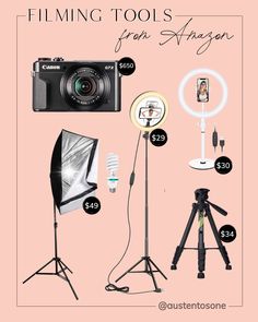 a camera, tripod, flash light and other items are arranged on a pink background