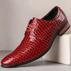 Category:Oxfords; Upper Materials:PU Leather; Lining Materials:PU; Gender:Men's; Toe Shape:Round Toe; Outsole Materials:Rubber; Closure Type:Lace-up; Function:Comfortable,Slip Resistant; Listing Date:09/10/2024 Business Leather Shoes With Pointed Toe For Winter, Patent Leather Dress Shoes With Crocodile Pattern, Fitted Dress Shoes With Crocodile Pattern And Round Toe, Red Lace-up Shoes With Round Toe For Business, Formal Faux Leather Oxfords With Flat Heel, Synthetic Oxfords For Business In Fall, Red Pointed Toe Oxfords For Semi-formal Occasions, Red Fitted Oxfords For Office, Fitted Red Oxfords For Office