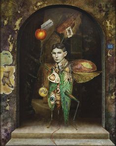 a painting of a man with green clothes and an orange ball on his head, standing in front of a doorway