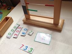 the numbers are placed on the table near an abacusk and some sort of magnets