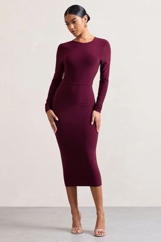 Keep things classy in our long-sleeved midi dress Dynasty Darling. Arriving in a rich burgundy hue, this bodycon was crafted in our signature stretch jersey to ensure the perfect blend of comfort and confidence. StyleDynasty Darling with a sleek bun for the ultimate wedding guest look. Features - Premium stretch jersey - Bodycon fit - Crew neckline - Long-sleeved - Open cowl back - Midi length Sizing & fit Model is5'8' and wears UK size8 / US size 4 Product information   Double layered with good stretch Premium jersey in Burgundy (95% Polyester, 5% Elastane) 125cm total length SKU: CL128880069 Fitted Midi Dress For Fall Dinner, Formal Long-sleeve Bodycon Midi Dress, Elegant Burgundy Midi Dress For Date Night, Fitted Burgundy Midi Dress For Evening, Knee-length Bodycon Dress For Fall Dinner, Fall Knee-length Bodycon Dress For Dinner, Fall Dinner Knee-length Bodycon Dress, Black Long Sleeve Midi Dress For Evening, Black Long Sleeve Midi Evening Dress