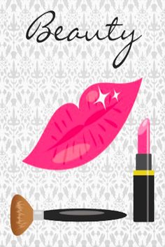 a pink lipstick and brush with the words beauty written on it's back ground