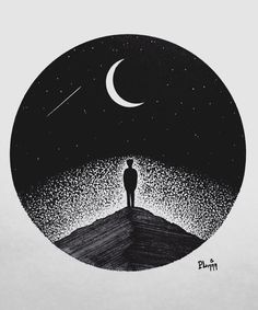 a drawing of a person standing on top of a hill under a moon and stars