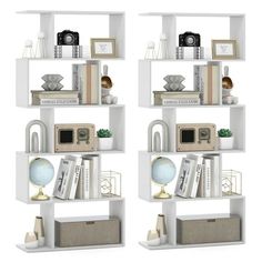 three white shelves with various items on them