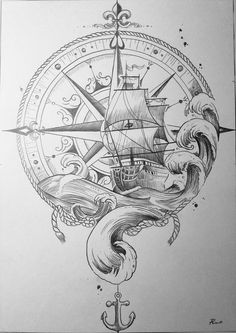 23 Compass Tattoos Ideas And Design For Men And Women Navy Sailor Tattoo, Peter Pan Ship Tattoo, Tattoo Sleeve Ideas Unique, Pirate Ship Drawing Sketches, Nautical Compass Drawing, Pirate Ship Sketch, Compass Drawing Design, Compass Drawings, Pirate Tattoo Ideas