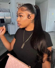 Low Slick Back Ponytail, Blonde Hair Designs, Slicked Back Hairstyles, Slick Back Ponytail, Slicked Back Ponytail, Frontal Wig Hairstyles, Black Ponytail Hairstyles, Dyed Hair Inspiration