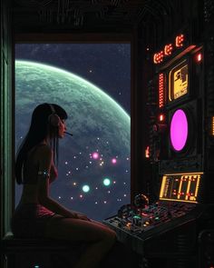 a woman sitting in front of a window looking out at the earth and space beyond