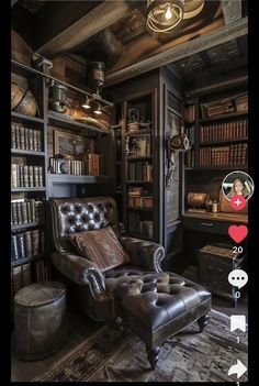 a chair and ottoman in a room with bookshelves