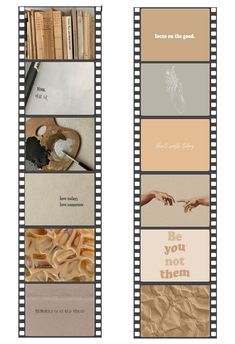 the film strip has pictures of hands and books on it, with words written in different languages