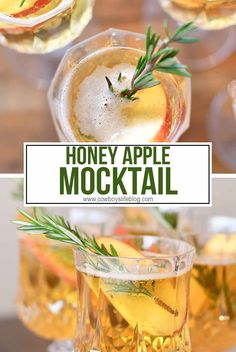 honey apple mocko cocktail in glasses with rosemary garnish