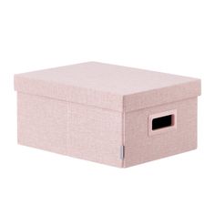 a pink fabric storage box with a black lid and handle on the bottom, sitting against a white background