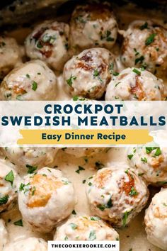 the crockpot swedish meatballs recipe is shown in a skillet with sauce and parsley on top