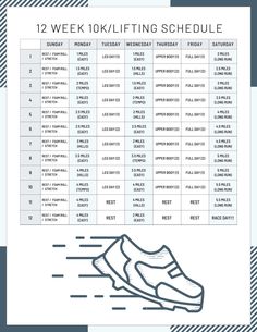 the 12 week running schedule is shown in black and white, with an image of a shoe