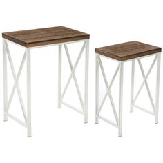 two white and brown tables with wooden tops on a white background, side by side