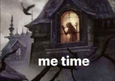 a creepy house with the words me time in front of it and an image of a ghost