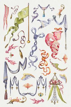 an illustration of various decorative items on a white background, such as ribbons and flags