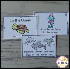 three cards with pictures of sea animals and words in the ocean, including an image of a