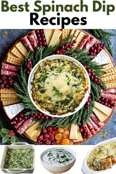 the best spinach dip recipe is in this round platter with cheese, crackers and other appetizers