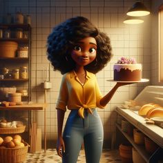 an animated character holding a cake in a kitchen