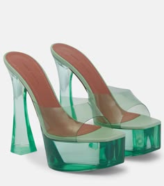 Dalida PVC Platform Mules in Green - Amina Muaddi | Mytheresa Amina Muaddi Shoes, Fancy Sandals, Dr Shoes, Chic Sneakers, Professional Shoes, Platform Mules, Statement Shoe, Amina Muaddi, Aesthetic Shoes