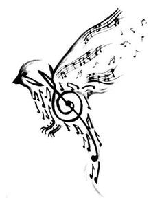 an ink drawing of a bird with musical notes