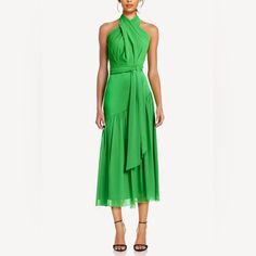 Never Worn. The Tie Loops Are Torn From Storage. From Belle Badgley Mischka, This Dress Features: Georgette Fabrication A-Line Silhouette Crisscross Halter Neckline Sleeveless Full Back Zipper Closure Polyester Hand Wash Imported. Approx Measurements Spring Pre-draped Silk Midi Dress, Pre-draped Evening Midi Dress For Spring, Green Chiffon Midi Dress For Cocktail, Green Chiffon Midi Cocktail Dress, Spring Pre-draped Chiffon Dress, Spring Party Pre-draped Dresses, Pre-draped Silk Midi Dress For Spring, Spring Cocktail Pre-draped Midi Dress, Spring Cocktail Maxi Dress In Pre-draped Style