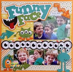 a scrapbook page with an image of children's faces and the words funny face