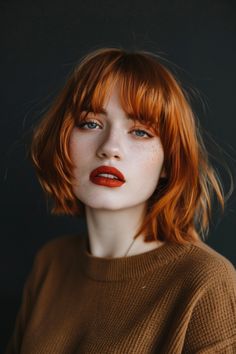 Woman with short red hair, freckles, and red lipstick wearing a brown sweater against a dark background. Lazy Girl Hairstyles, Nostalgic 90s, Blond Balayage, Hair Today Gone Tomorrow